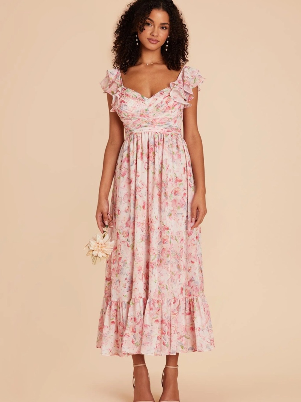 Birdy Grey Pink Floral Maxi Dress with Ruffle Sleeves